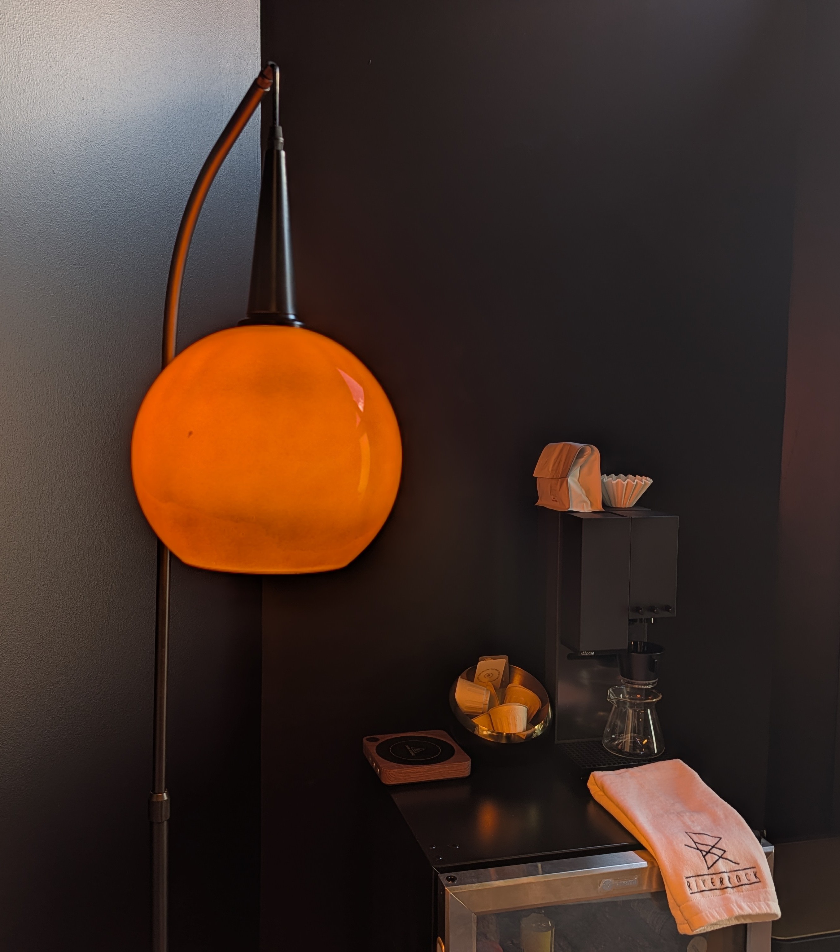 Warm lighting and the coffee station at RiverRock